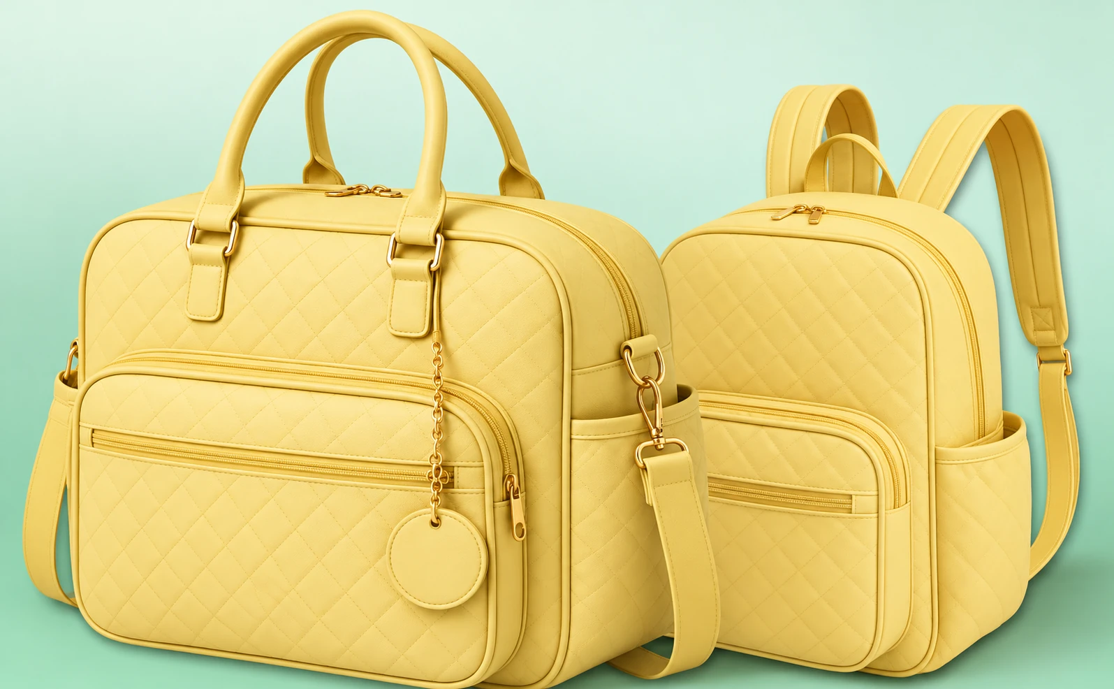 Conjunto de bolsa e mochila amarelas como referência da linha