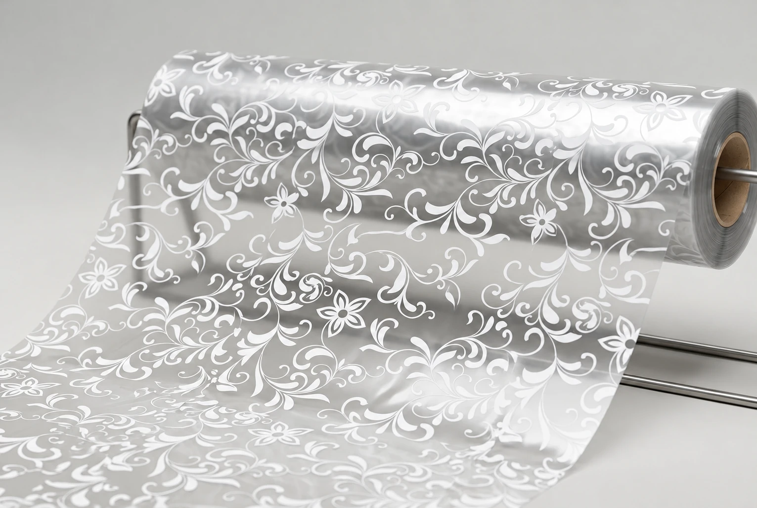 Bobina transparente com impressão ornamental branca