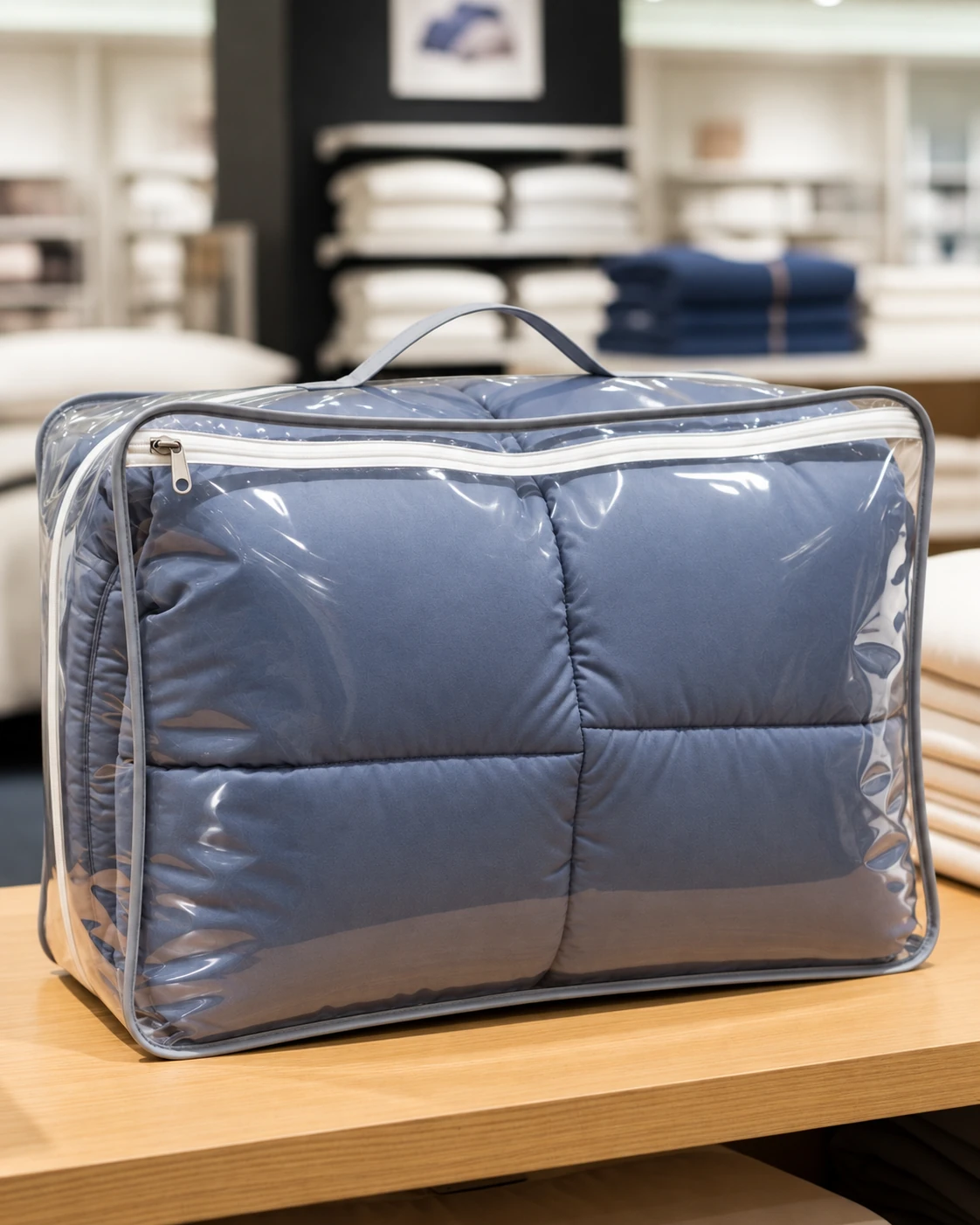 Reference image of transparent packaging for bed, table and bath linens